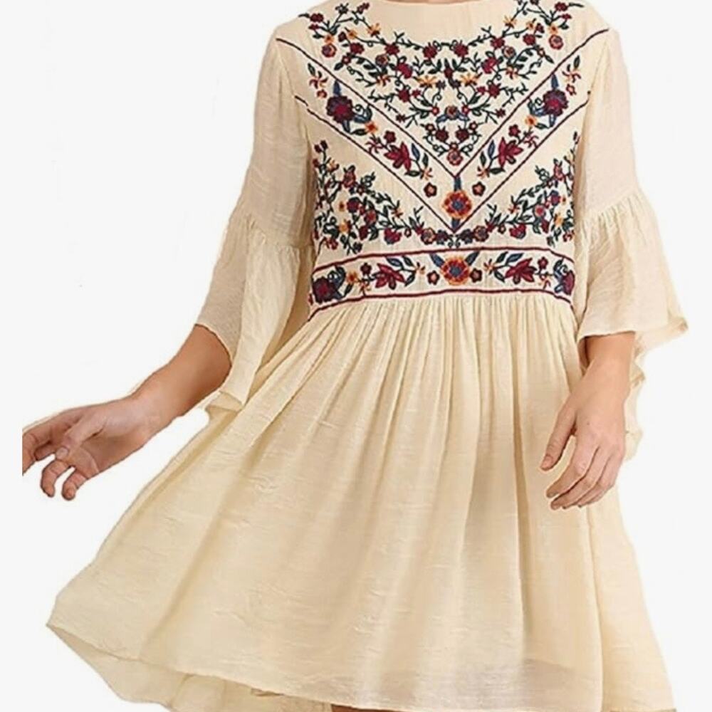 Umgee Cream Boho Bliss Embroidered Dress Sz LARGE Hippie Fairy Peasant Babydoll